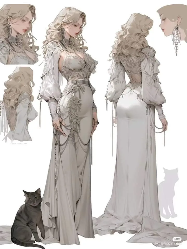 A digital art piece showing a woman in an ornate, floor-length silver gown from multiple angles, accompanied by a realistic…