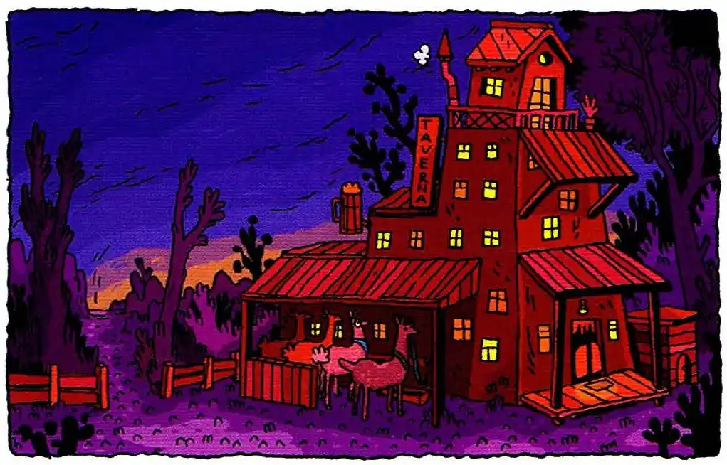A cartoon illustration of a multi-story red building labeled 'TAVERNA' at night, with glowing windows, a cowboy hat chimney…