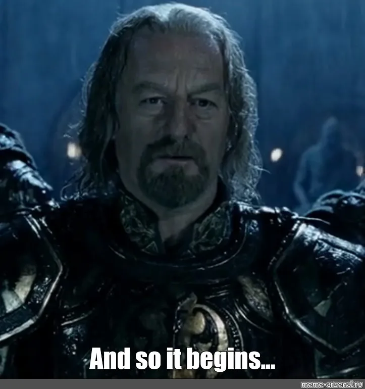 A close-up of actor Bernard Hill as King Théoden from 'The Lord of the Rings', wearing ornate dark armor with a serious…