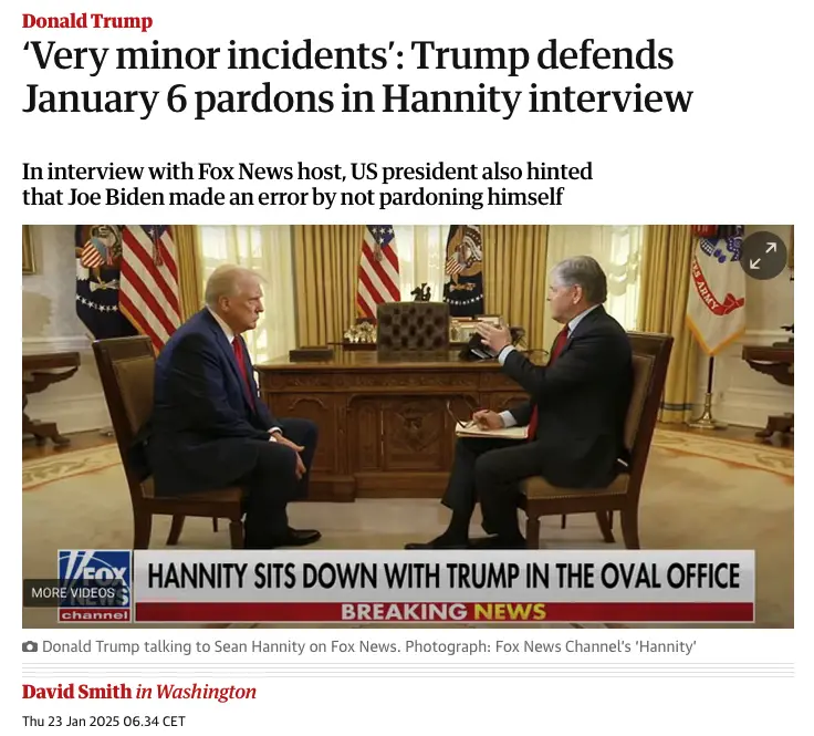 A screenshot from a Fox News broadcast shows Donald Trump seated across from Sean Hannity in the Oval Office, with American…
