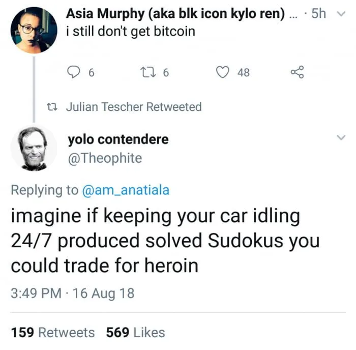 A screenshot of a Twitter thread shows Asia Murphy (aka blk icon kylo ren) saying 'i still don't get bitcoin'. Below, user…