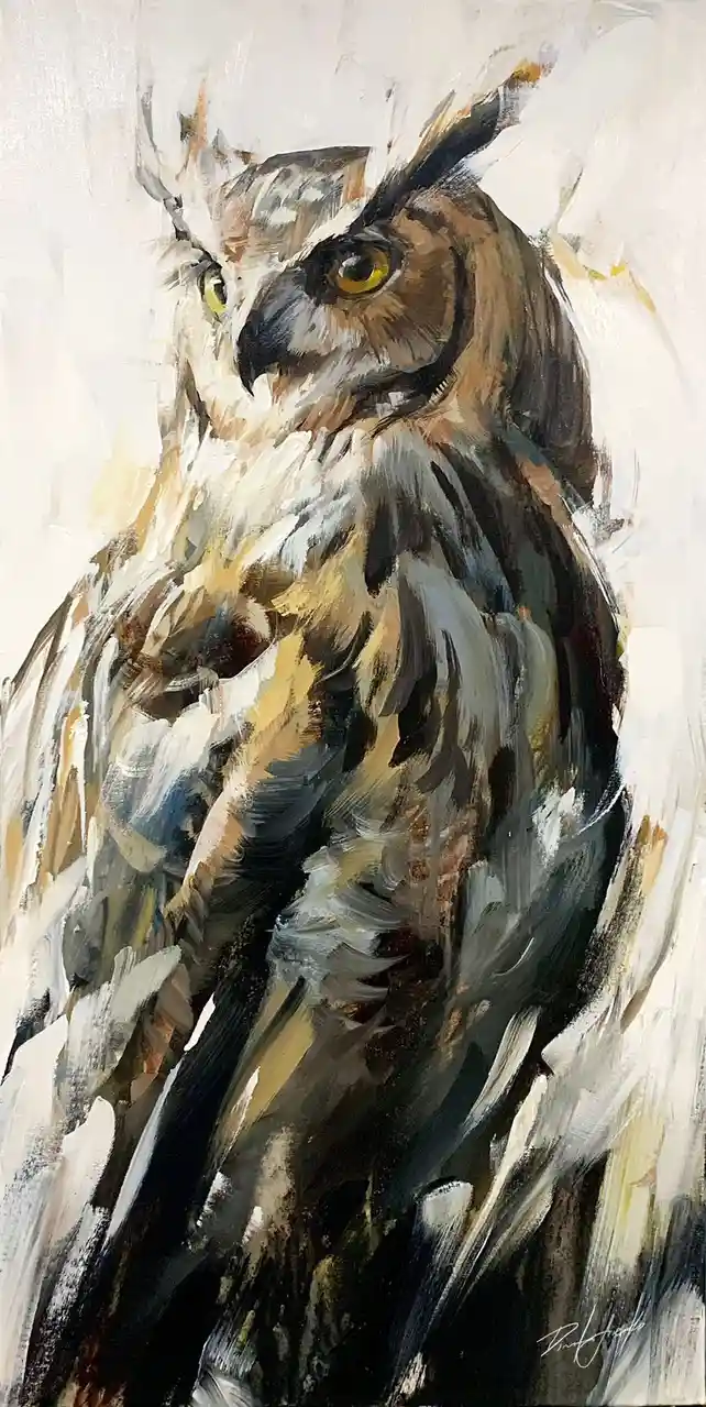 A painted portrait of a large owl with intense yellow eyes and prominent ear tufts, rendered in thick, expressive…