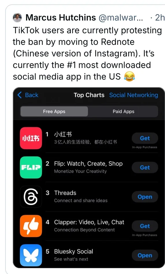 A screenshot of a Twitter post by Marcus Hutchins showing an Apple App Store 'Top Charts' list for 'Social Networking' apps…