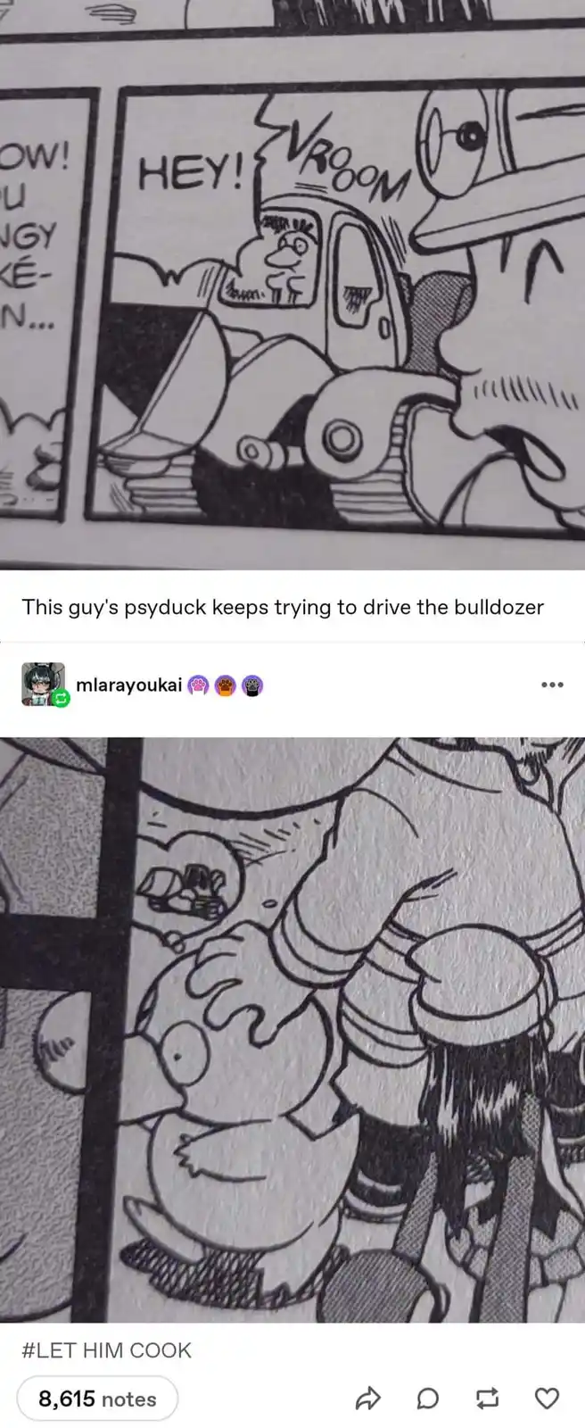 The image shows two panels from a black-and-white comic. The top panel depicts a cartoon character with a duck-like face…