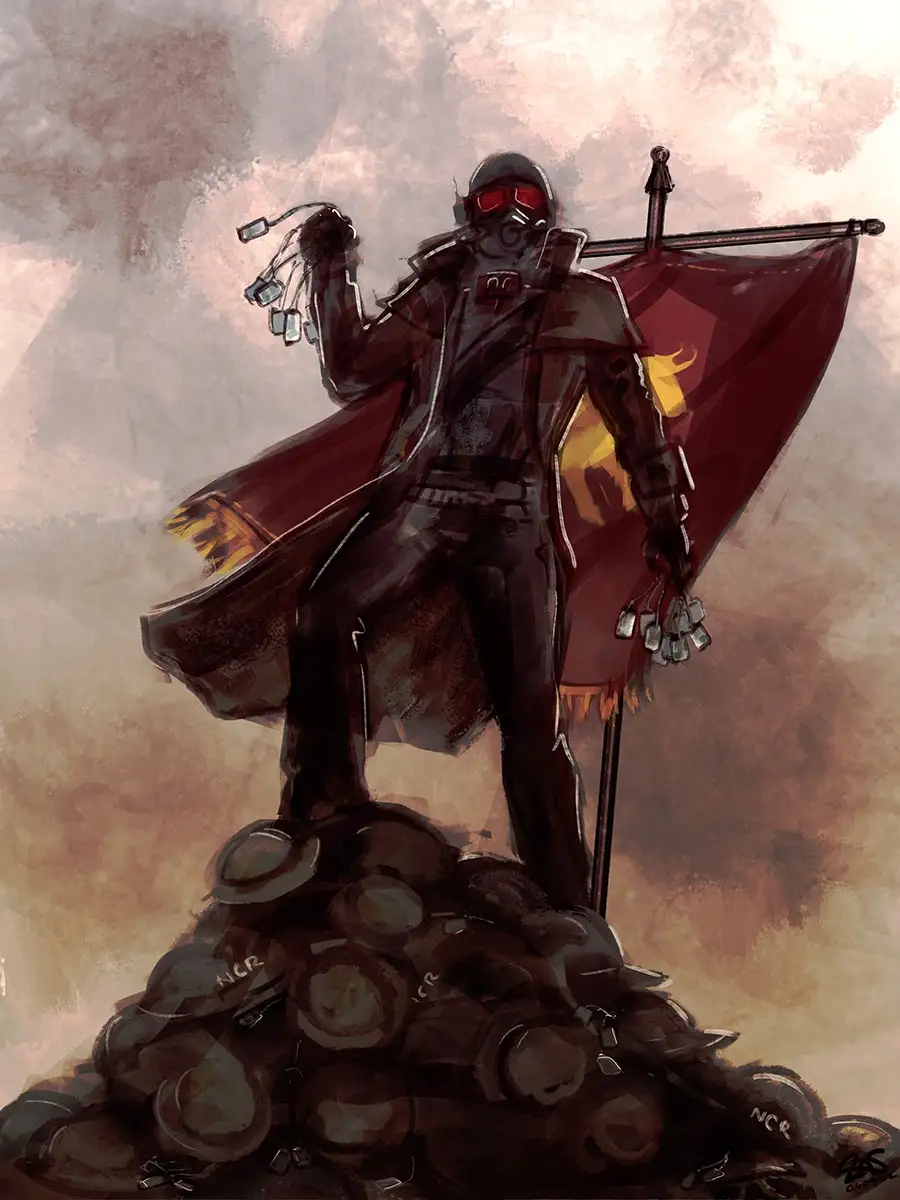 A stylized illustration of a figure in dark armor and a red cape, standing atop a pile of NCR helmets while holding a flag…