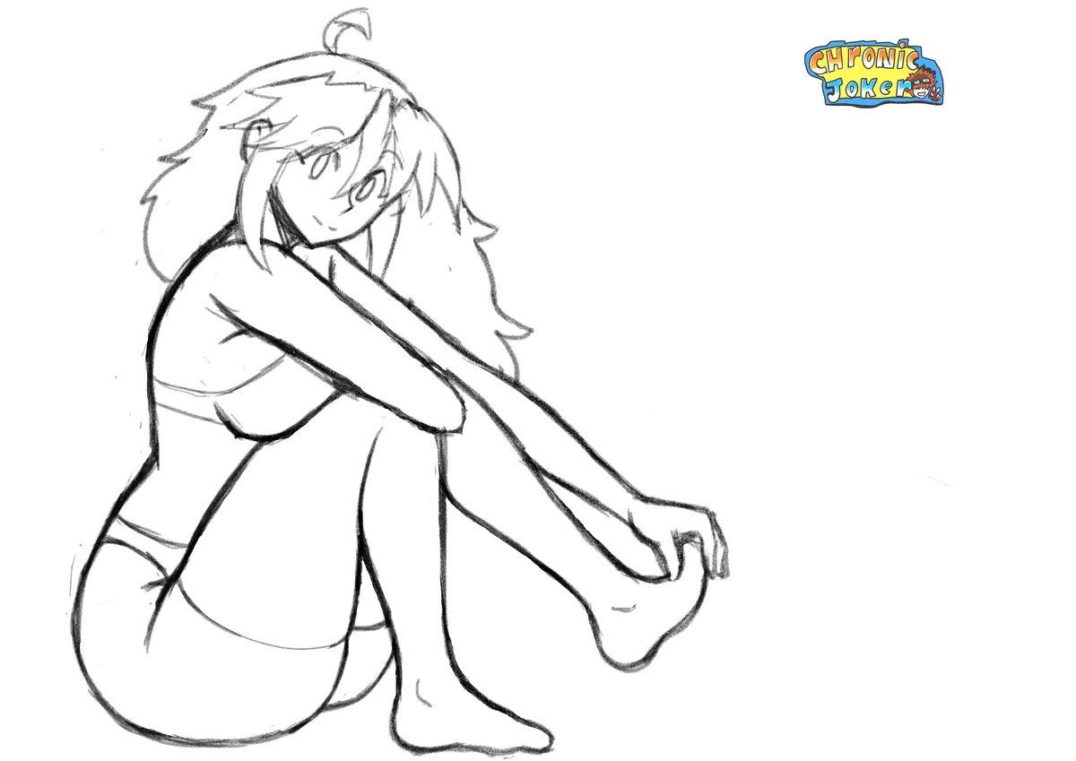 A black-and-white line drawing shows an anime-style girl with short hair sitting on the floor, hugging her knees with a sad…