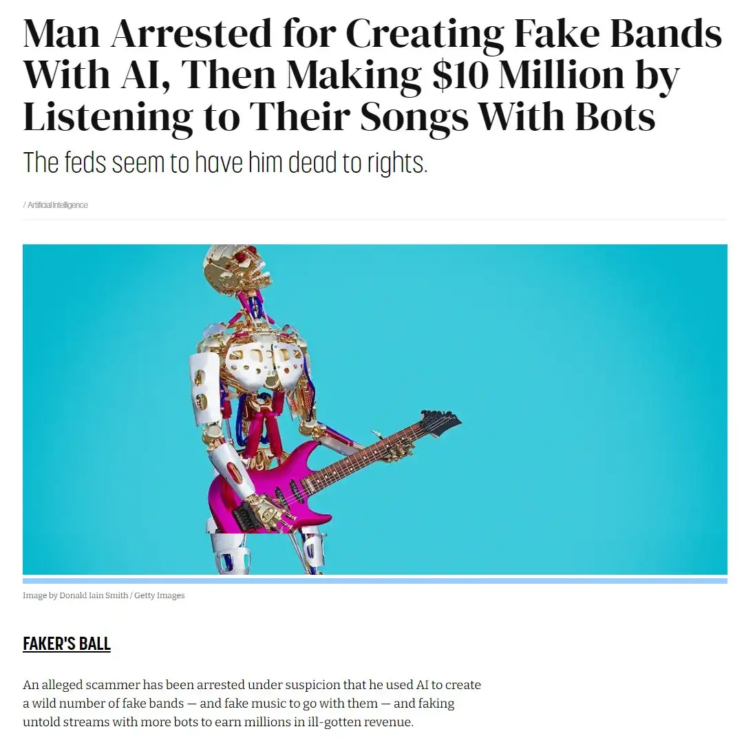 The image shows a robotic skeleton figure holding a bright pink electric guitar against a solid turquoise background. The…
