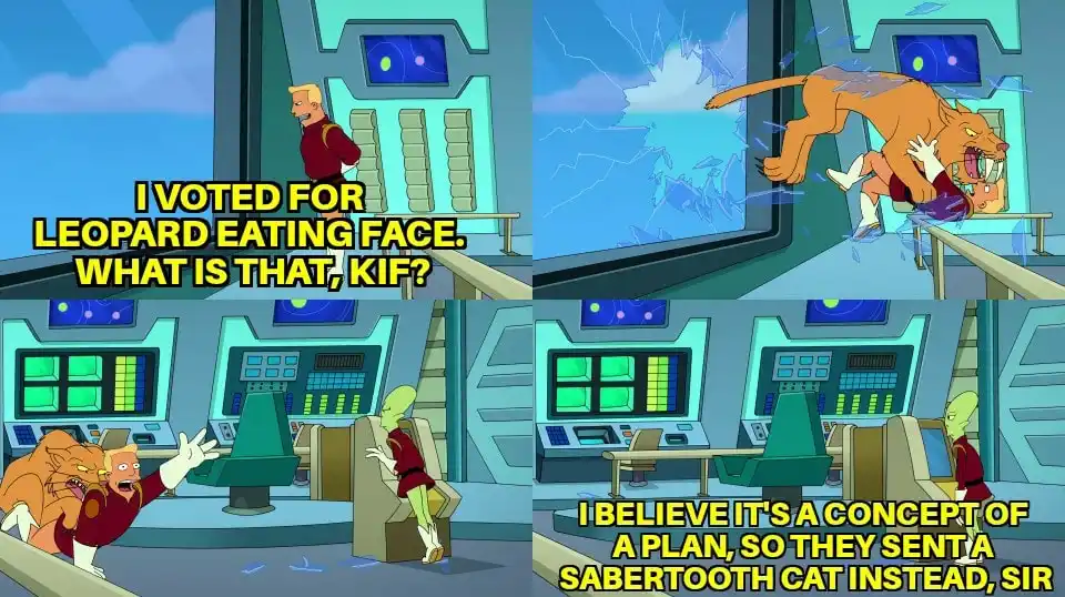 A four-panel comic strip from Futurama shows a man in a red uniform asking his alien assistant Kif what 'leopard eating…