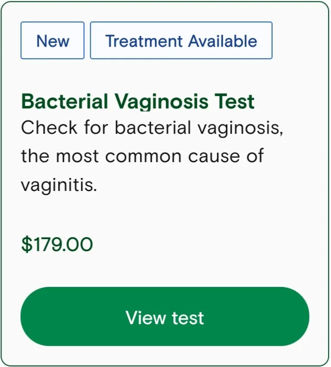 A screenshot of a medical test listing for 'Bacterial Vaginosis Test' priced at $179.00, with buttons labeled 'New' and…