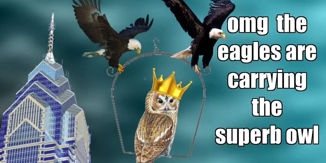 Two bald eagles are shown flying with their talons gripping a chain that suspends a brown owl wearing a golden crown. The…