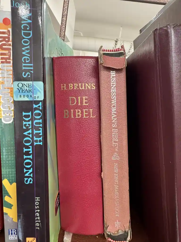 A close-up shot of several books on a shelf, including 'Josh McDowell's One Year Book of Youth Devotions', a red book titled…