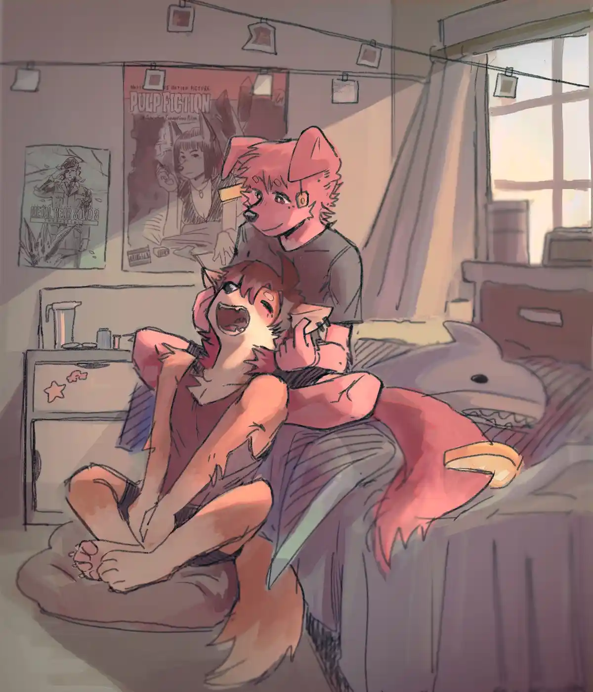 Two anthropomorphic foxes are in a bedroom; one is sitting on the bed with a shocked expression while the other stands…