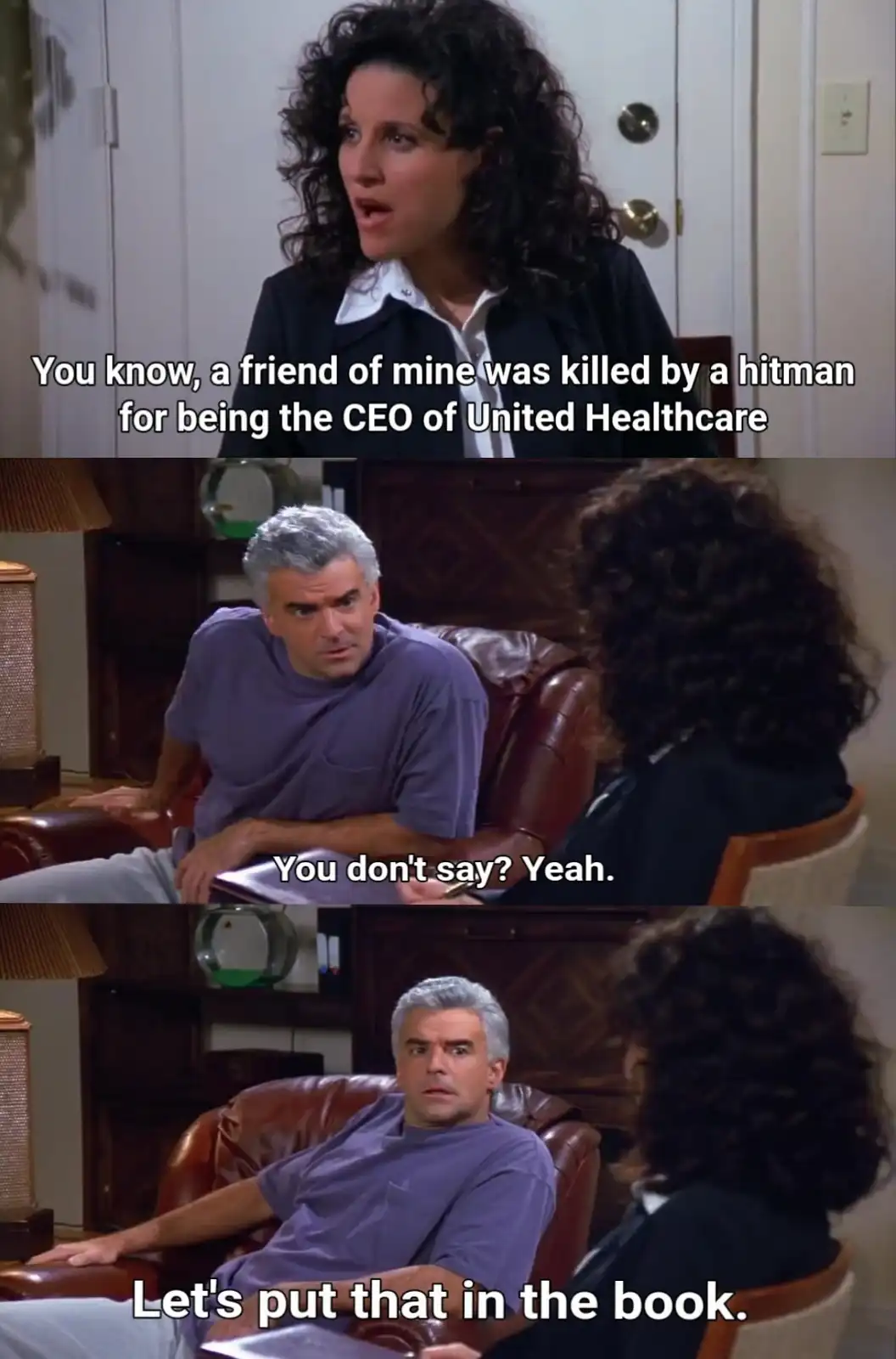 A three-panel meme from the TV show 'Friends' featuring a woman stating her friend was killed by a hitman for being the CEO…