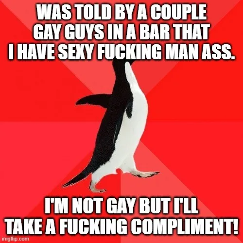 A black-and-white penguin stands upright against a red background with diagonal stripes. White text at the top reads 'WAS…
