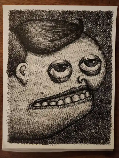 A black-and-white pen drawing on paper depicts a distorted, unsettling face with large, bulging eyes, a wide mouth showing…