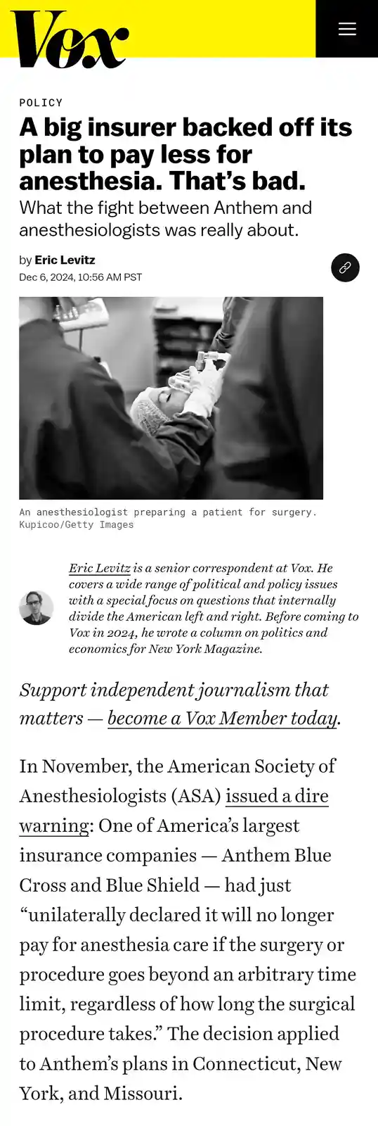 A screenshot of a Vox policy article titled 'A big insurer backed off its plan to pay less for anesthesia. That's bad.' The…