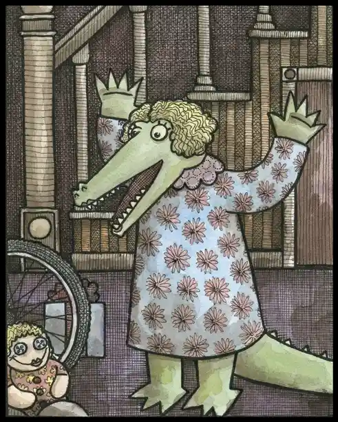 A cartoon illustration shows a green crocodile wearing a floral dress and crowns on its hands, standing in a wooden room…