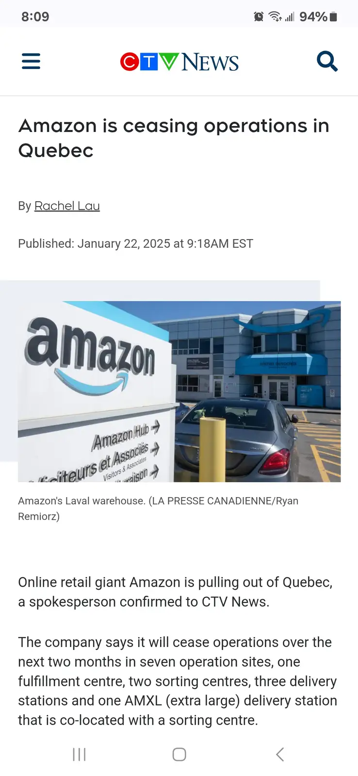 A screenshot of a CTV News article from January 22, 2025, announcing Amazon's closure of operations in Quebec. The image…