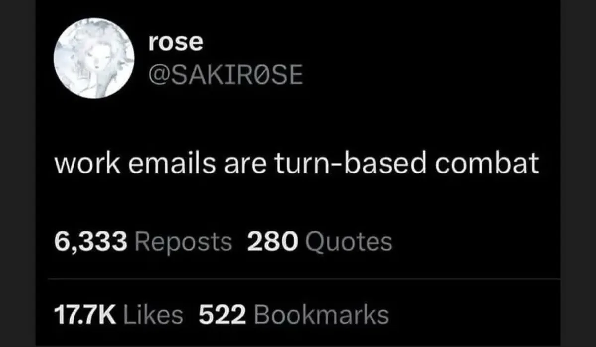 A screenshot of a tweet from user 'rose' (@SAKIROSE) with a grayscale anime-style profile picture. The tweet reads 'work…