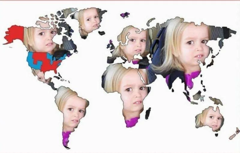 a world map where each country is filled with the face of a young blonde girl, visually implying that the entire world is…