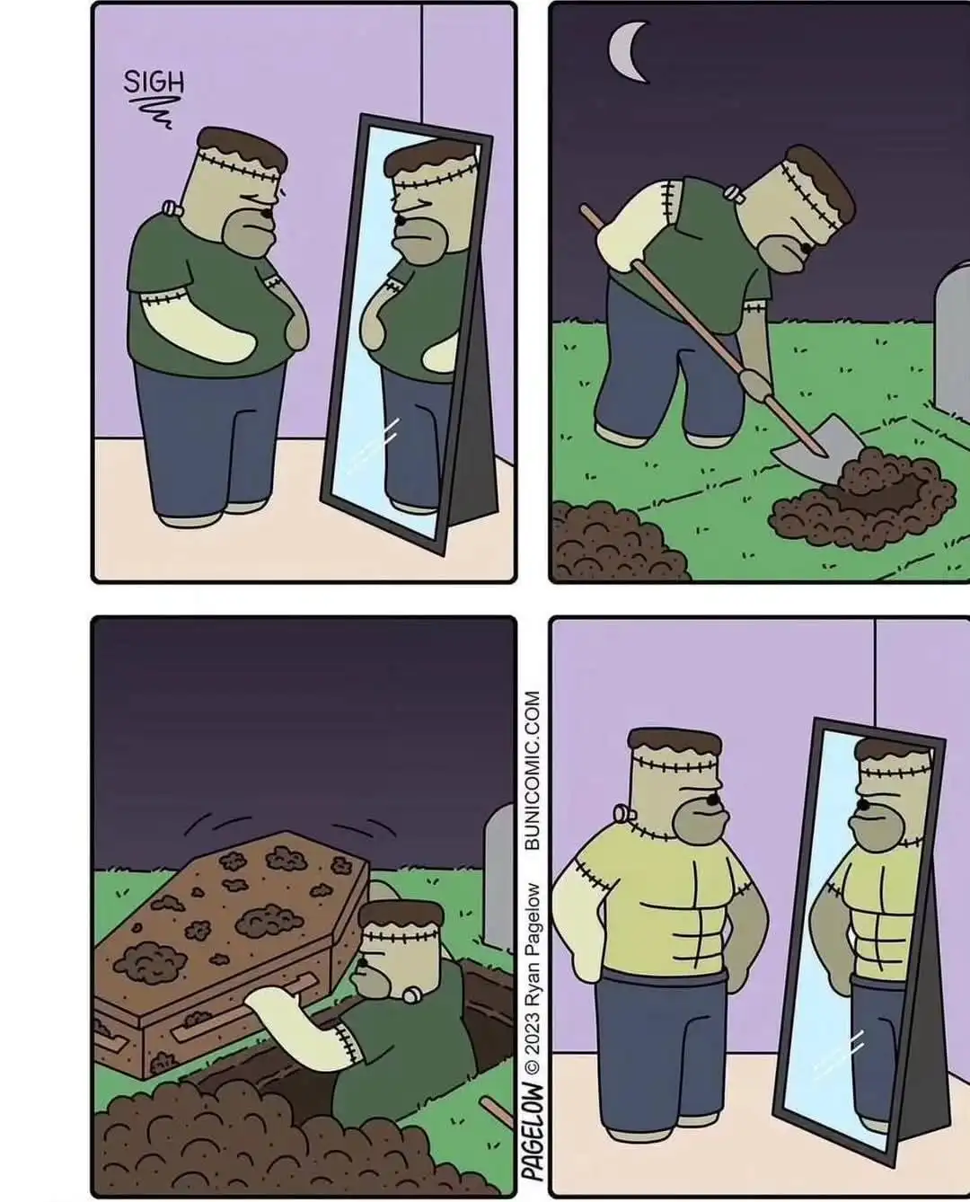 A four-panel comic strip featuring a cartoon Frankenstein's monster. In the first panel, he sighs while looking at his…