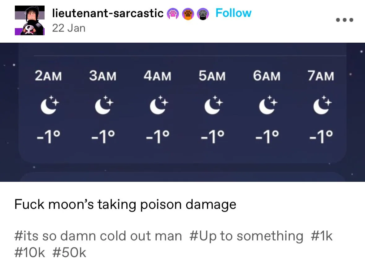 A screenshot of a weather app showing a moon icon with a temperature of -1° for every hour from 2AM to 7AM. The overlaid…