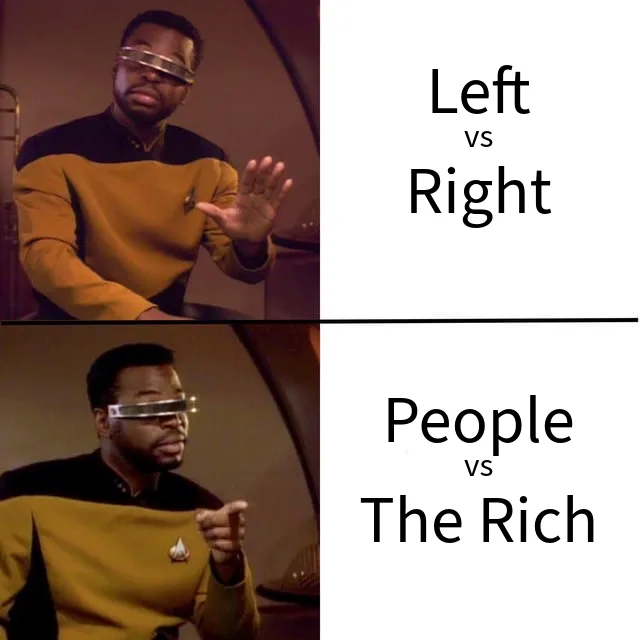 A two-panel meme featuring the same Black man in a Starfleet uniform from Star Trek: The Next Generation, wearing a visor…