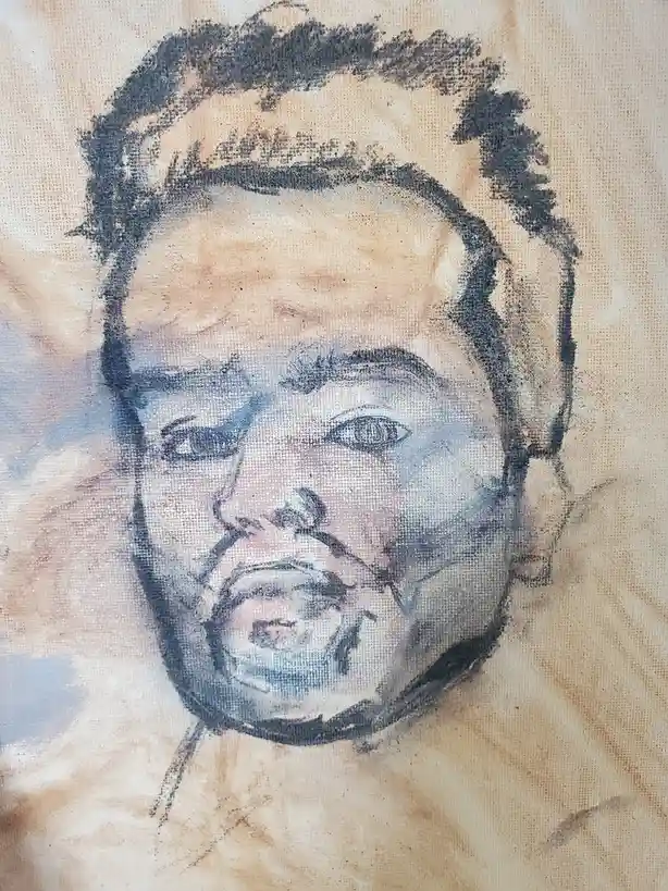 A sketch of a man's face on canvas, rendered in dark charcoal and muted tones, with a visibly frustrated or annoyed…