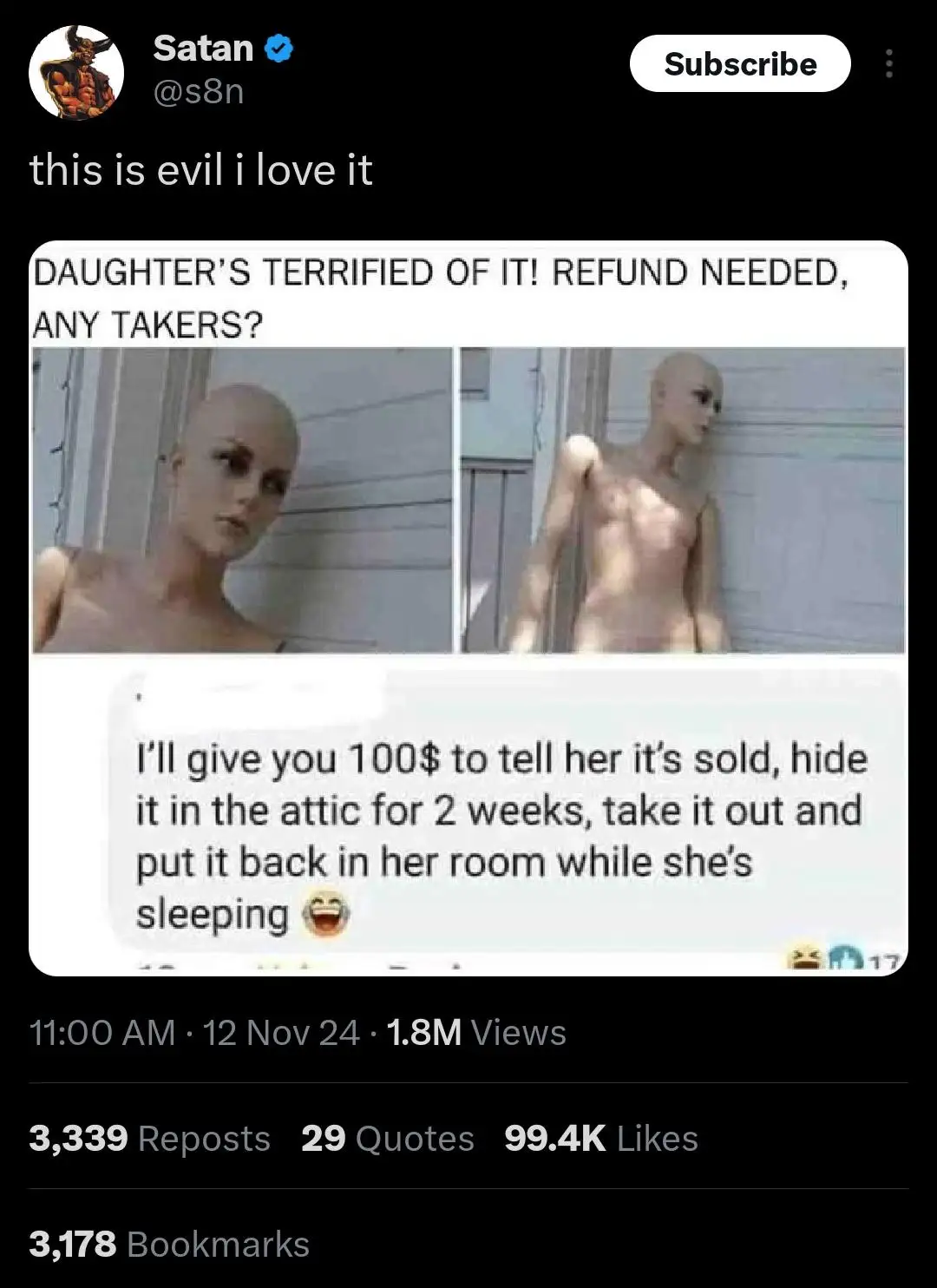 A screenshot of a YouTube video post by 'Satan' showing a mannequin in two photos, with overlaid text asking for help to…
