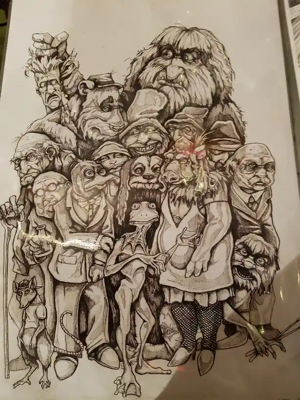 A black-and-white pencil drawing shows a dense, chaotic crowd of grotesque, fantastical creatures and humanoid figures with…