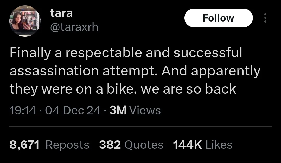A screenshot of a social media post by user 'tara' (@taraxrh) with a black background and white text. The post reads…