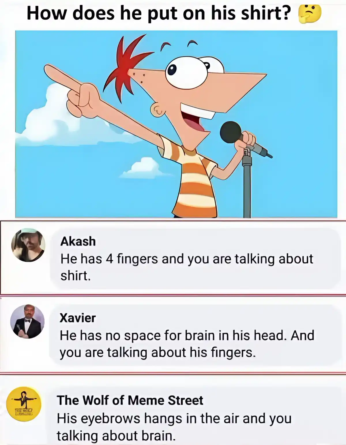 An image of the cartoon character Phineas from 'Phineas and Ferb' pointing at the viewer while holding a microphone…