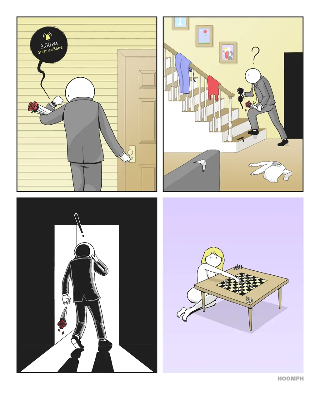 A four-panel comic shows a man in a suit holding roses, then descending stairs to find a messy room with clothes strewn…