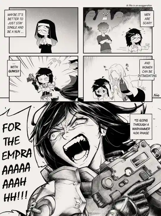 A black-and-white manga-style comic strip shows a character initially considering becoming a nun, then reacting with fear to…