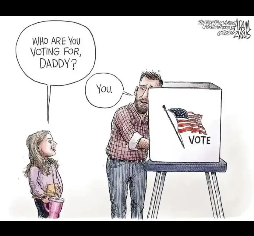 A cartoon depicts a young girl holding a pink mug and asking her father, standing at a voting booth with an American flag…