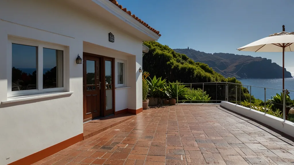a bright, sunny photo of a white house with a tiled patio overlooking a scenic ocean and mountain view, featuring a large…