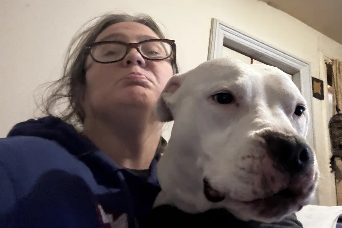 A person with glasses and a blue hoodie holds a large white dog close to the camera, both looking directly at the viewer…