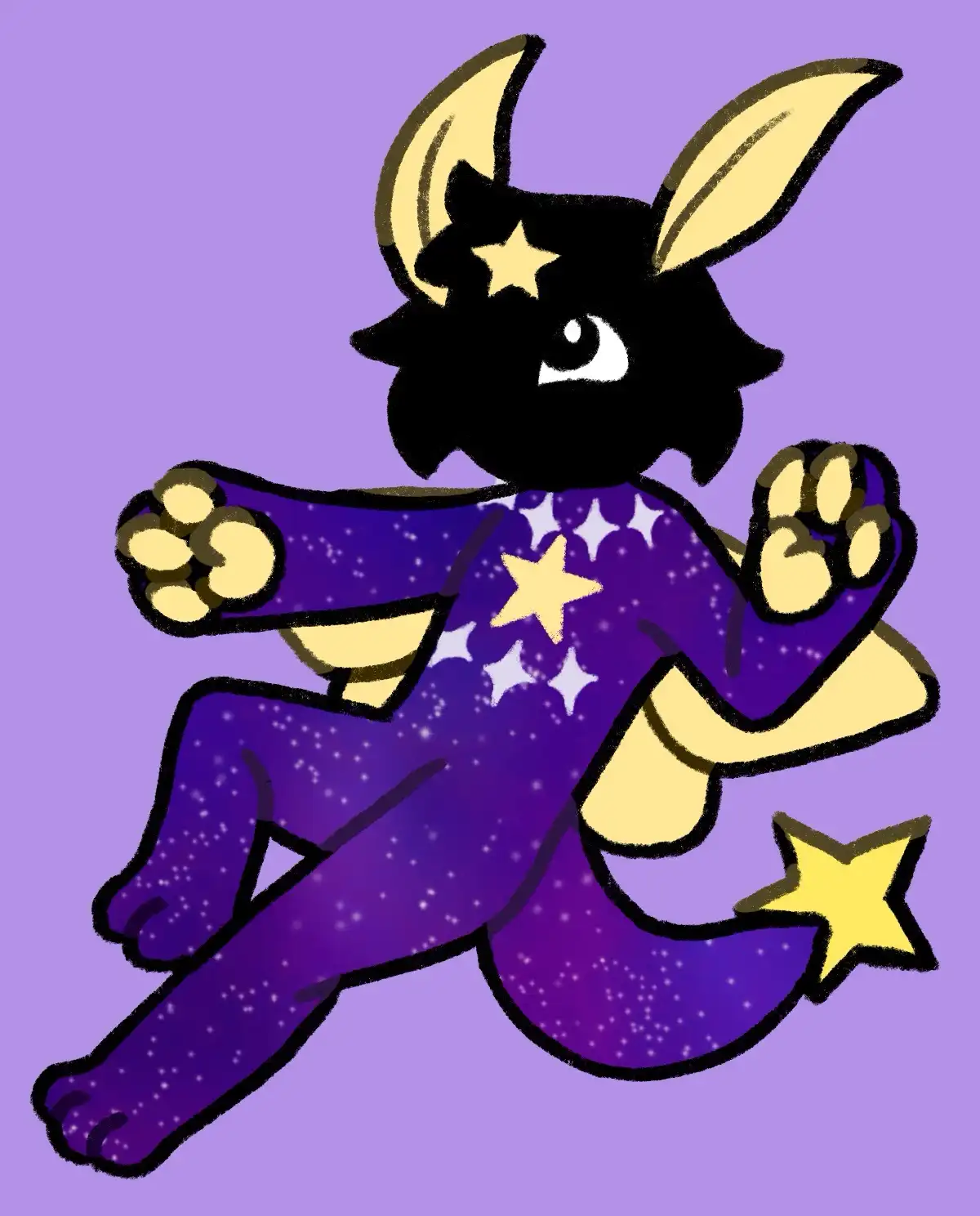 A cartoon black rabbit with yellow ears and a star on its forehead wears a purple star-patterned onesie and poses…