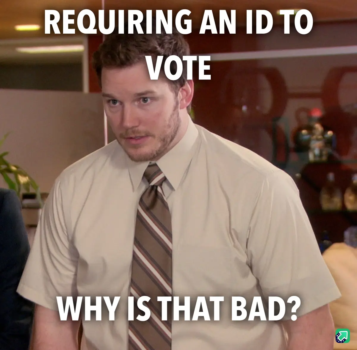 A man in a beige shirt and striped tie looks confused and slightly annoyed, with the text 'REQUIRING AN ID TO VOTE' above…
