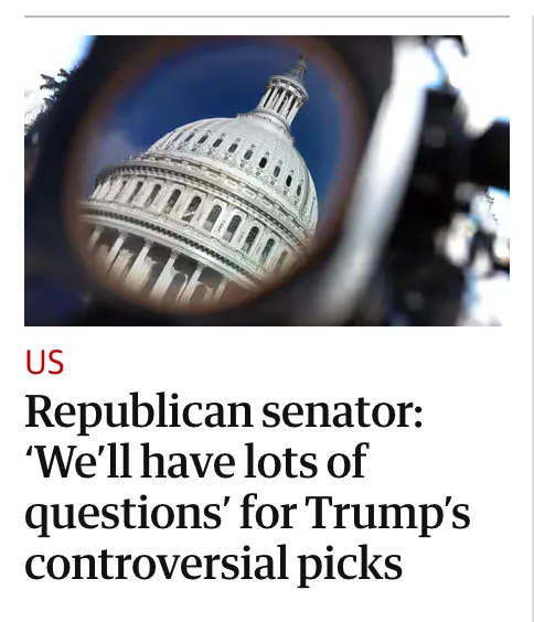 A news headline image shows the U.S. Capitol building viewed through a circular lens, with the text 'US Republican senator…