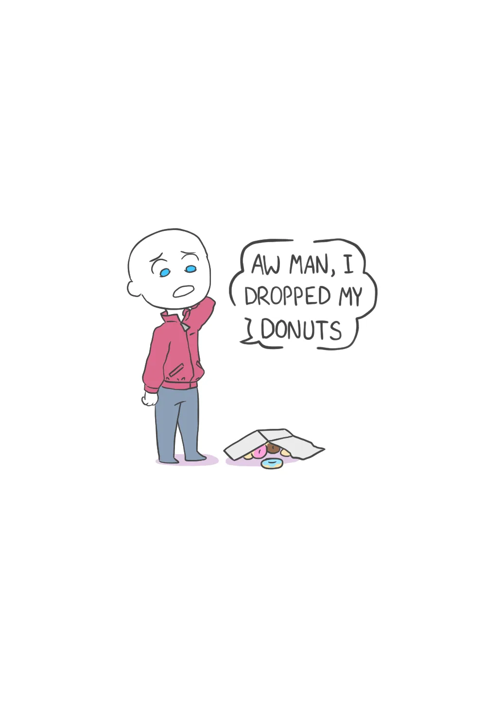 A cartoon boy in a pink jacket and blue pants stands looking down at a spilled bag of donuts on the floor, his hand on his…