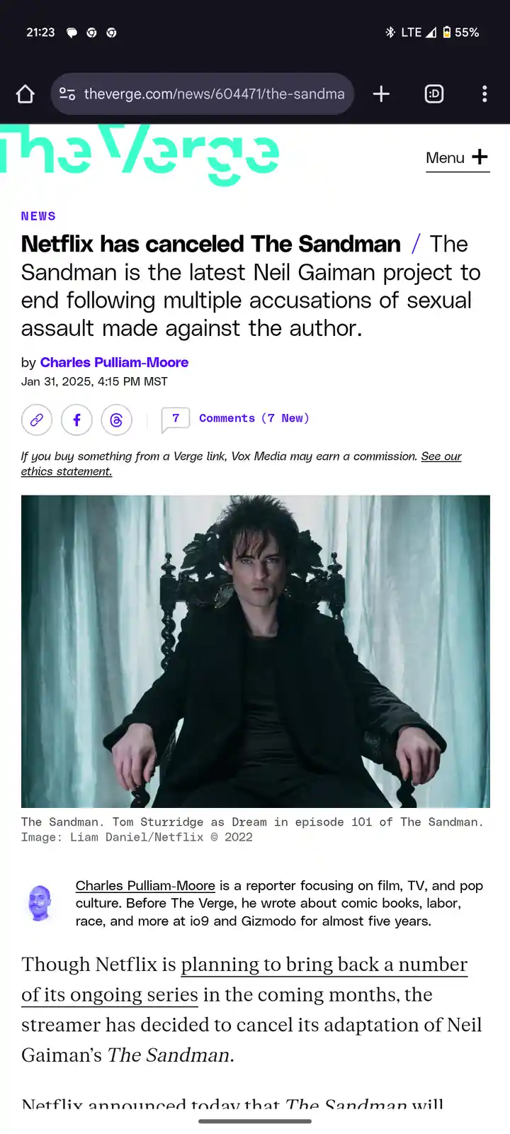 A screenshot of a The Verge news article announcing Netflix's cancellation of 'The Sandman' TV series due to sexual assault…