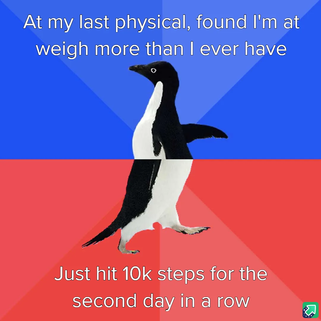 A penguin is split vertically across a blue and red background, with white text overlaid. The top text reads 'At my last…