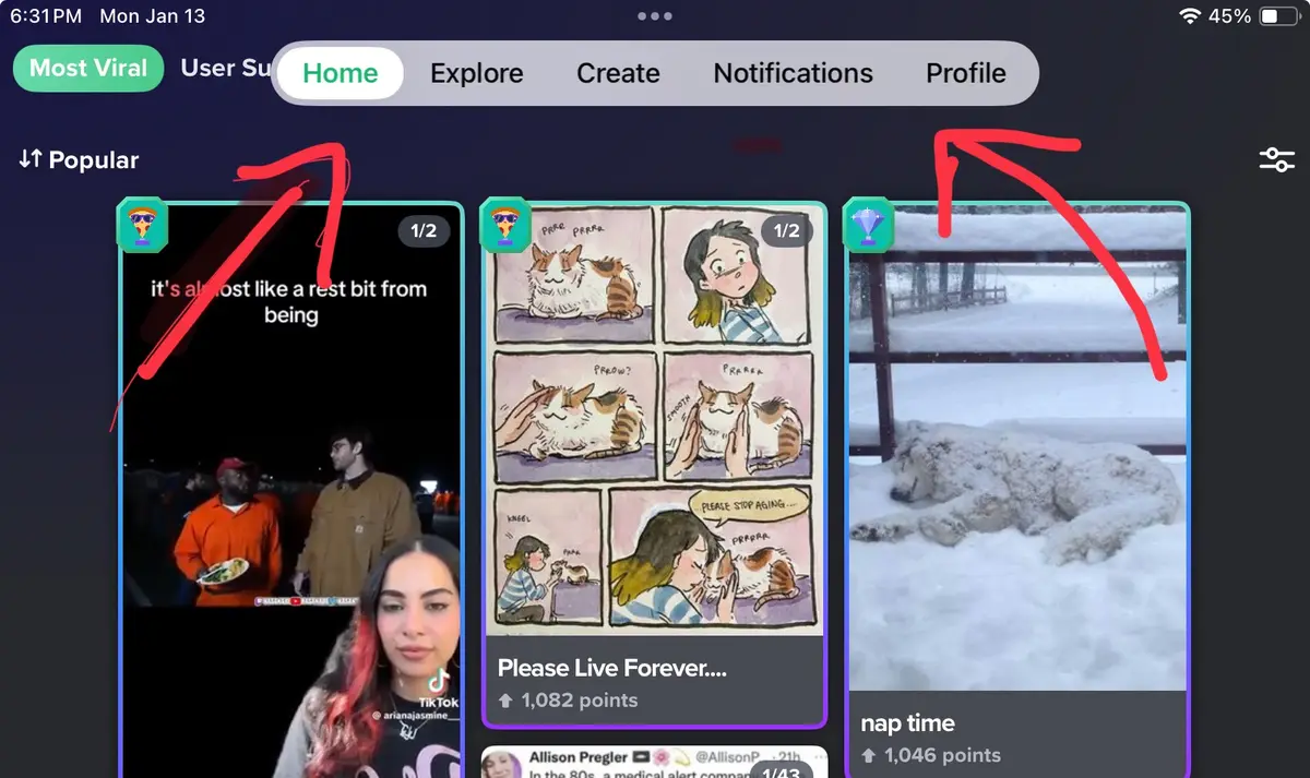 A screenshot of a TikTok feed shows three video thumbnails. The left thumbnail has text overlay 'it's almost like a rest bit…