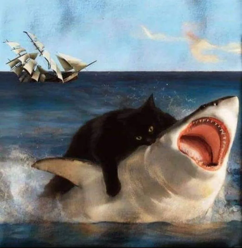 A black cat is perched calmly on the back of a large shark that is breaching the ocean surface with its mouth wide open. In…