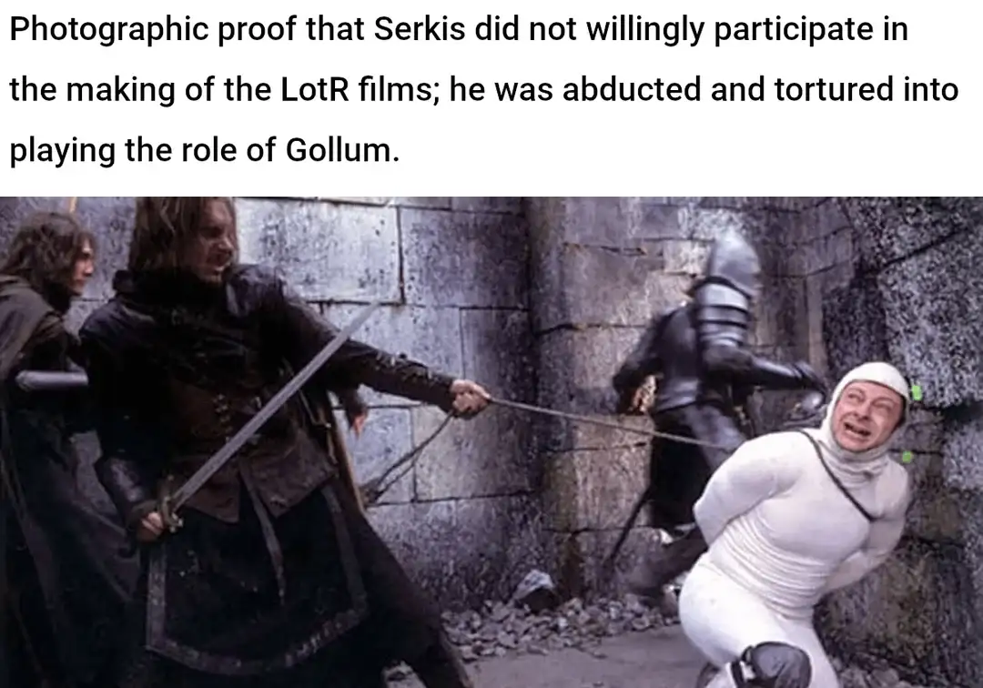 A still from The Lord of the Rings shows actor Andy Serkis in a white, full-body Gollum costume, being dragged by a rope…