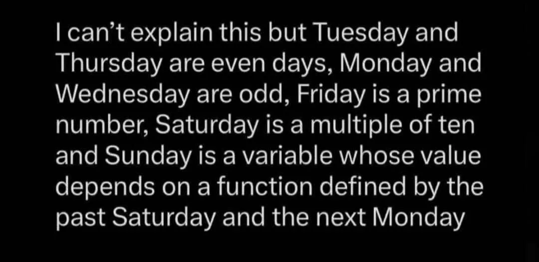 The image displays white text on a solid black background. The text humorously categorizes days of the week using…