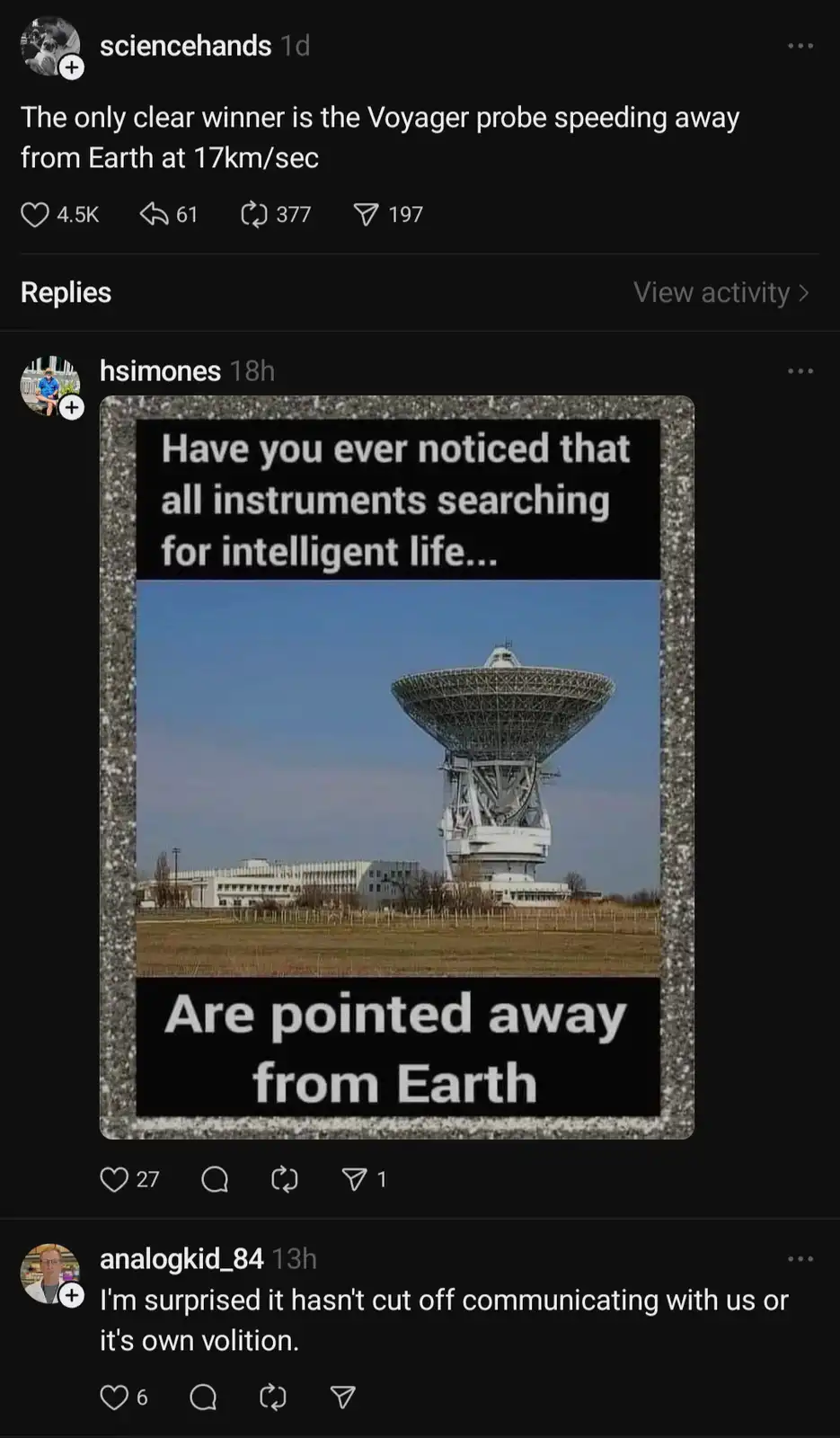 The image shows a large radio telescope dish against a blue sky, with a building in the background. Overlaid text in two…