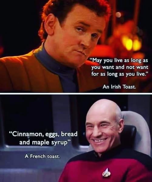 The meme features two panels from Star Trek: The Next Generation. The top panel shows actor Patrick Stewart as Captain…