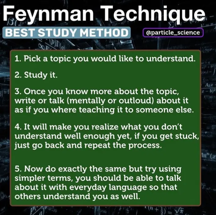 The image displays a green text box with five numbered steps outlining the Feynman Technique, a study method attributed to…